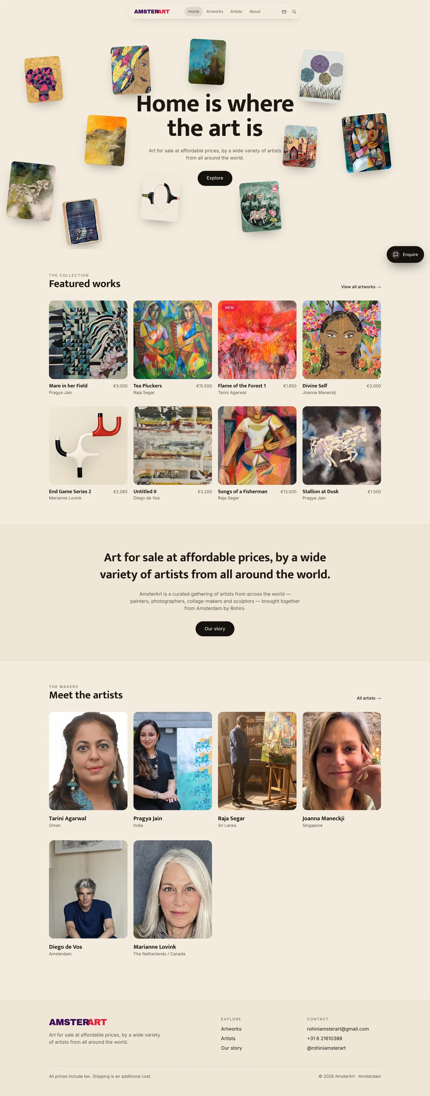 The AmsterArt Gallery home page: artworks scattered around the line Home is where the art is.